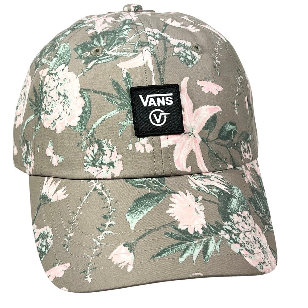 Vans Off The Wall Logo Patch Hat Cap Gray Pink Botanical Floral Print Snapback